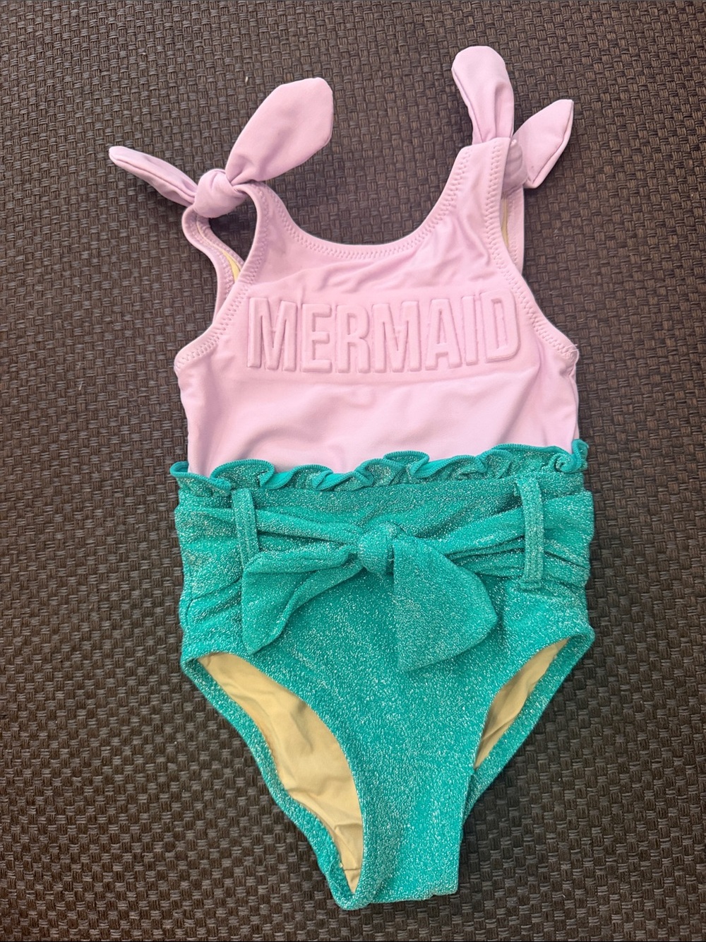 Kids Pink and Teal Mermaid One-Piece Swimsuit with Bow Tie new never worn no tag